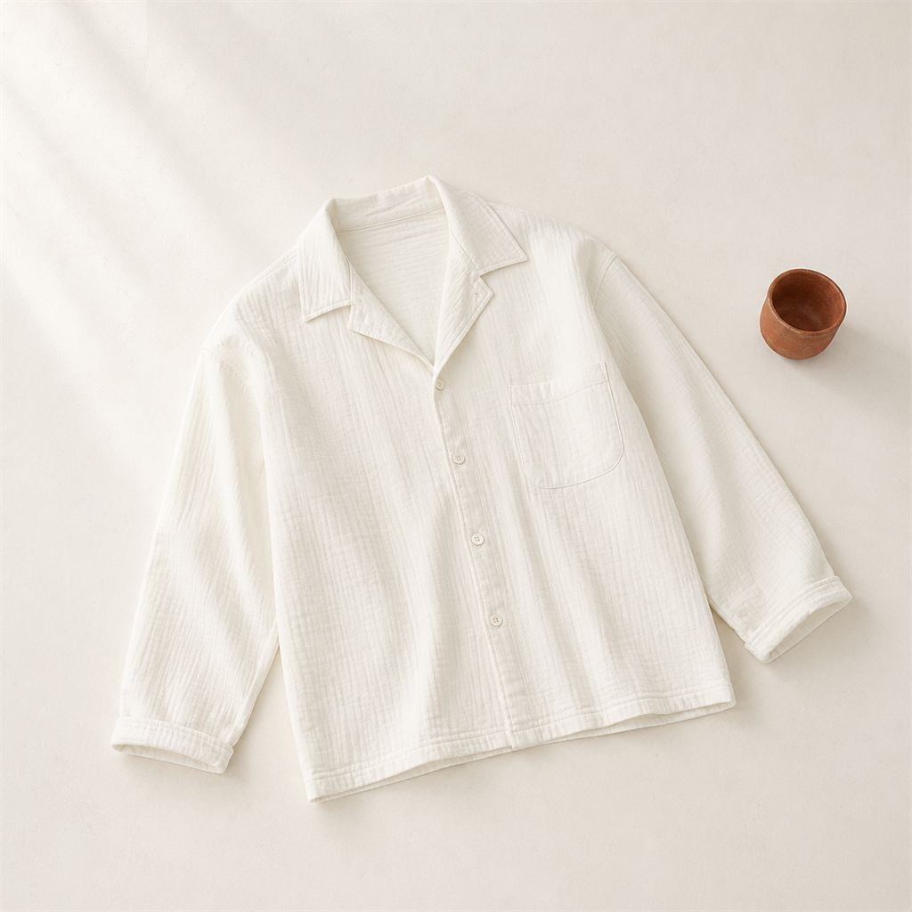 白色雙層紗布長版罩衫於陶土杯具旁的負空間構圖