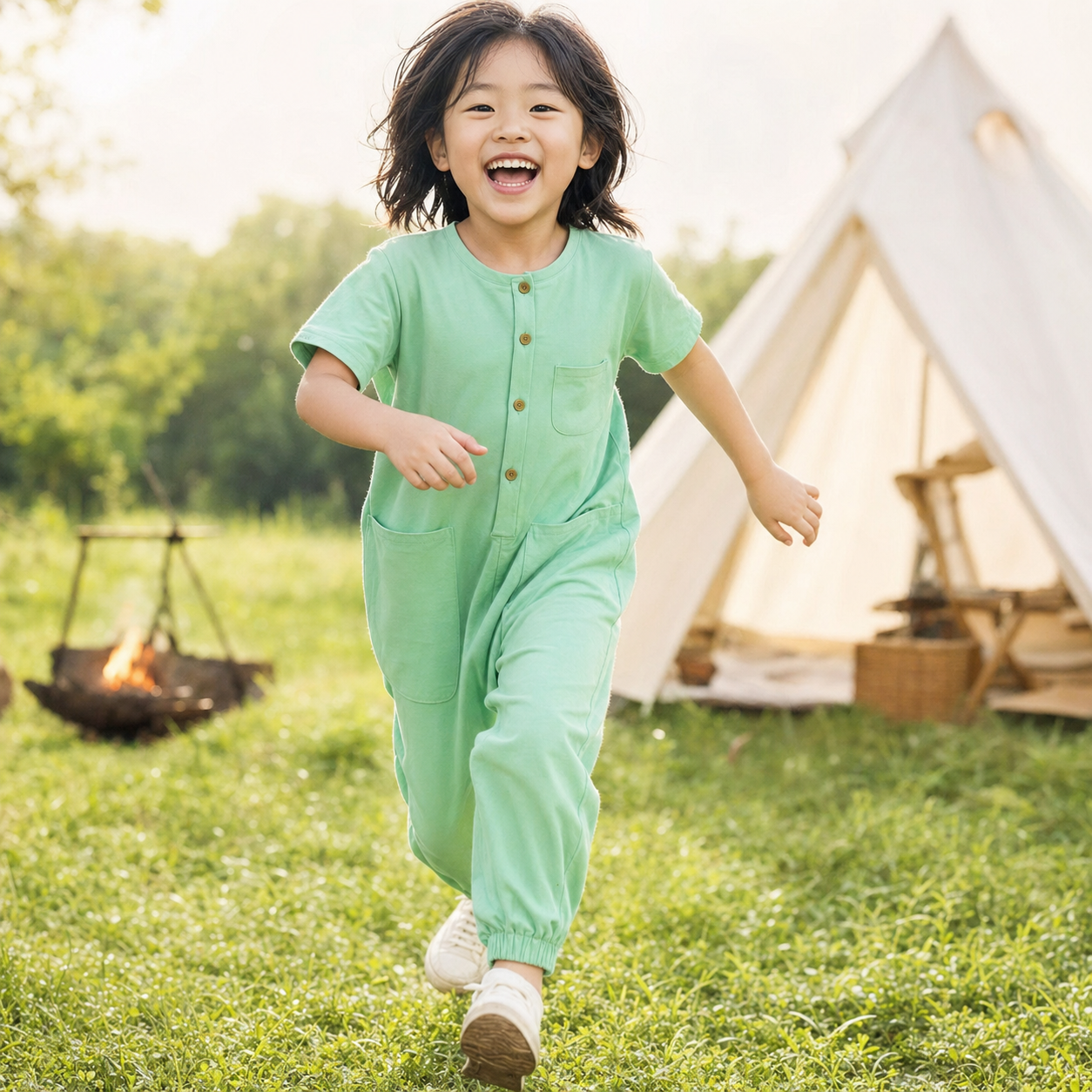 薄荷綠連身褲裝穿在小孩身上於露營草地