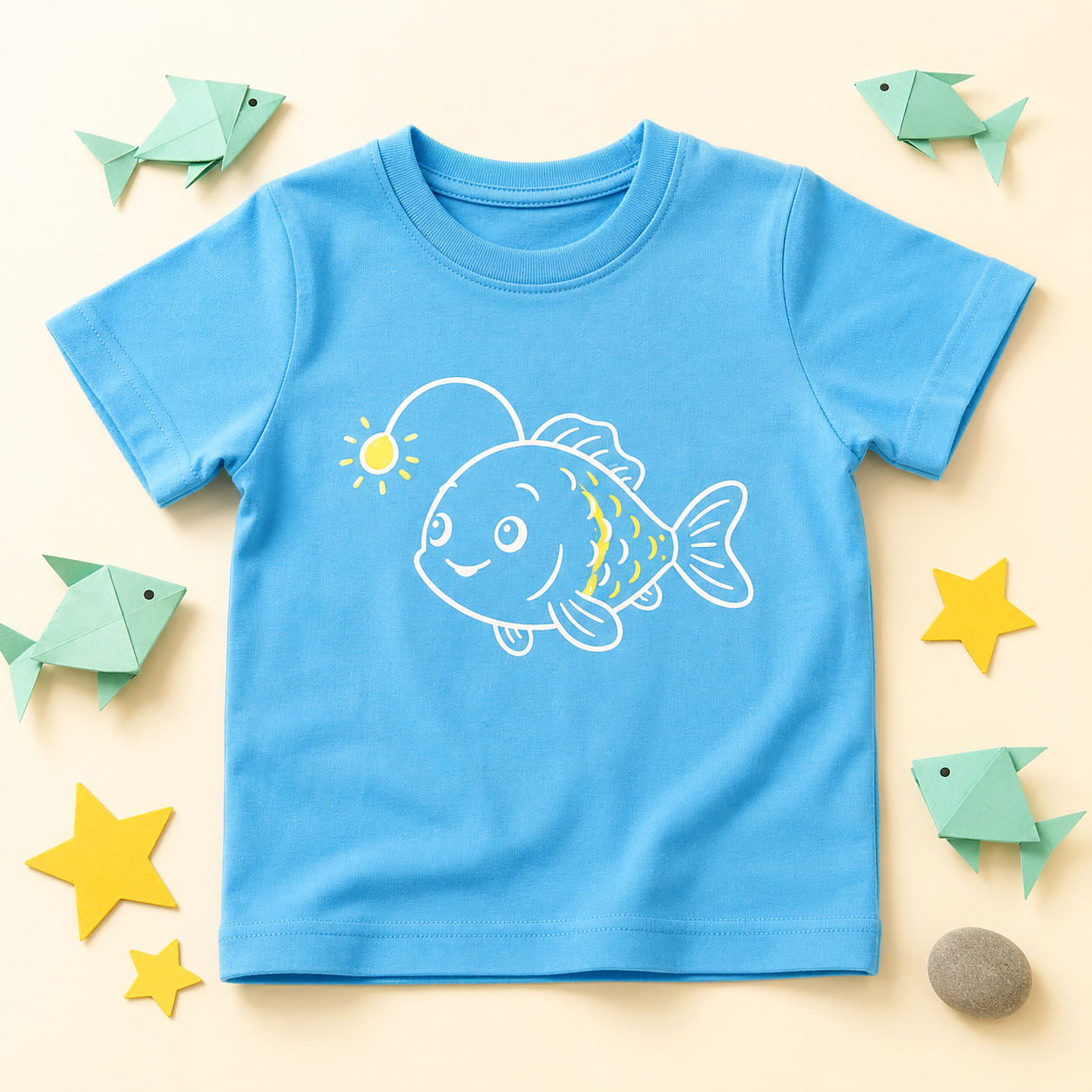 天空藍亮亮魚 T 恤白天視覺，孩子在公園玩耍