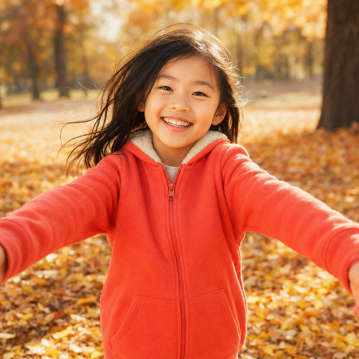 珊瑚紅刷毛帽 T 外套穿在小孩身上於秋天公園
