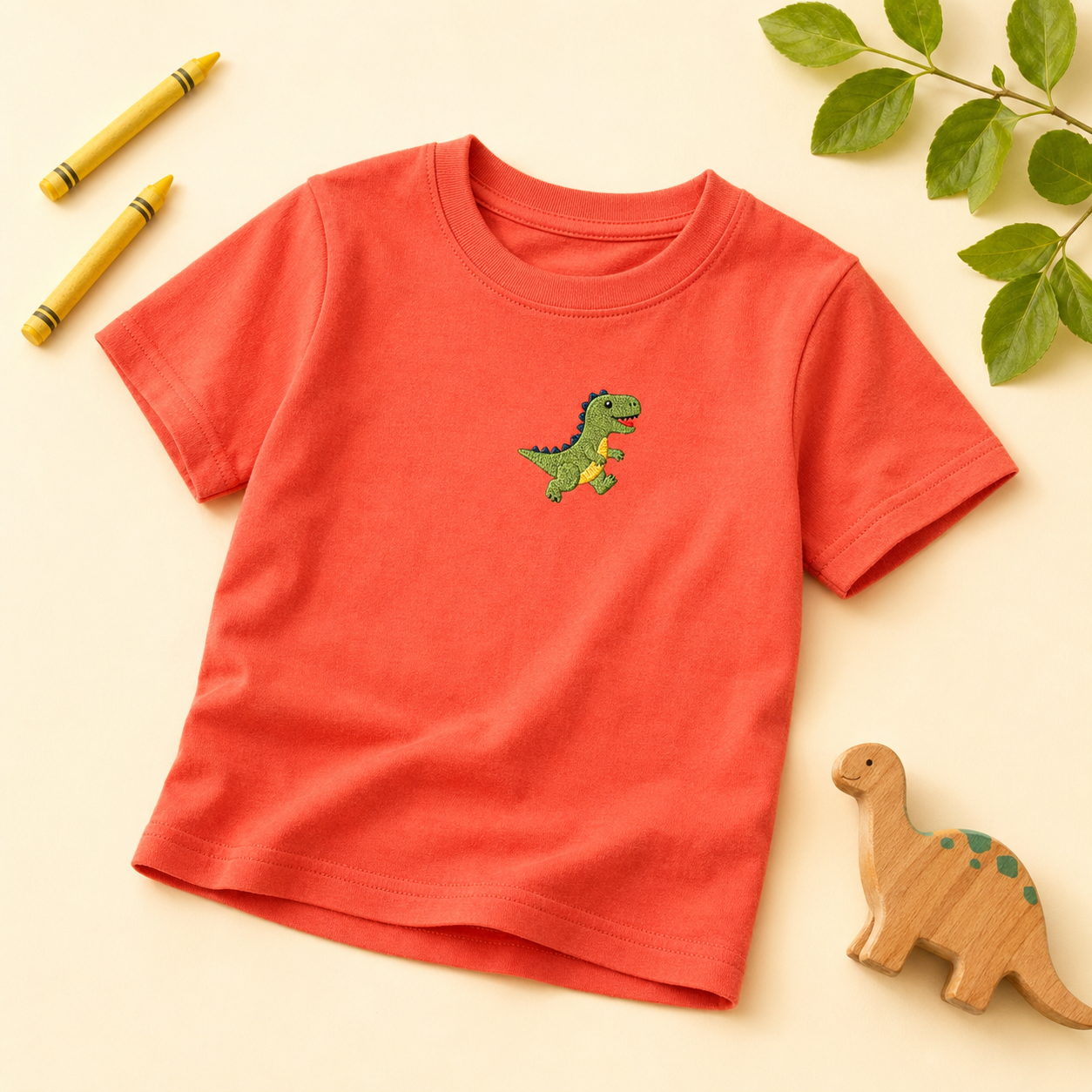 珊瑚紅色跳跳恐龍 T 恤穿在小孩身上於草地奔跑