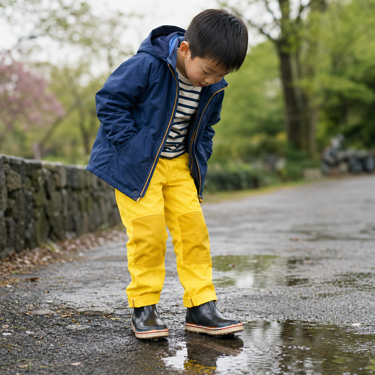 蛋黃色耐磨褲穿在小孩身上於水坑前