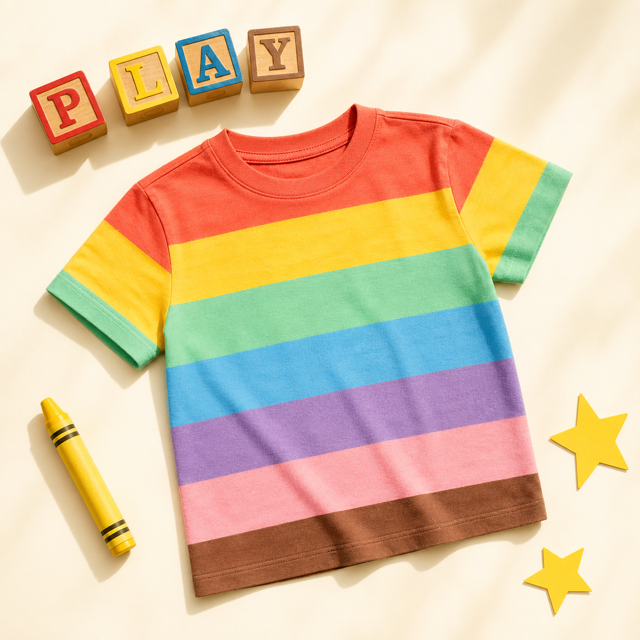 彩虹條紋 T 恤平鋪，七色色織橫條清晰